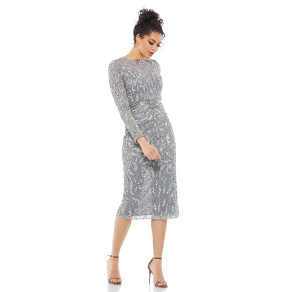 MAC DUGGAL 5521 Embellished Illusion Long Sleeve Sheath Dress Platinum 4 NEW - Picture 2 of 11